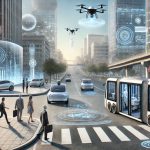 Una scenda di una città del futuro dove si vedono mezzi intelligenti al supporto del trasporto pubblico, con una visione dei cittadini al centro della mobilità nelle smartcity